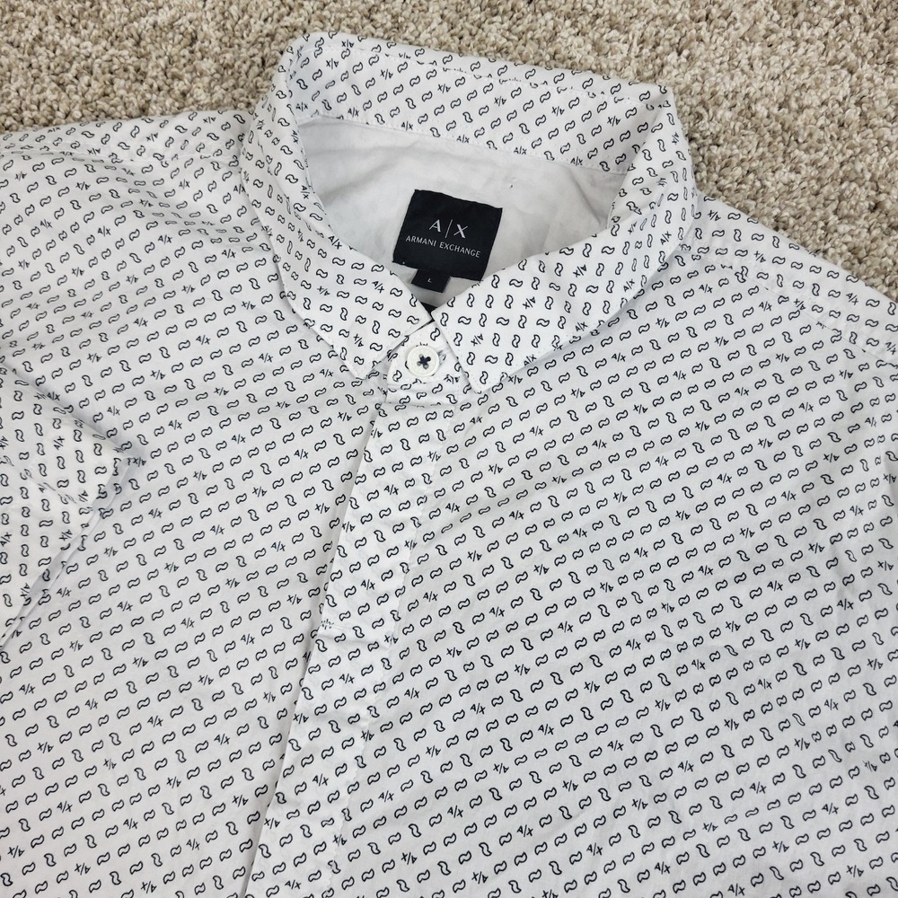 Armani Exchange Slim Mens Large White AOP Logo Button Down Short Sleeve